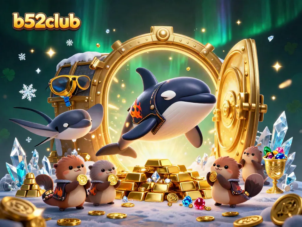 Engage with b52club through a vibrant casino-themed illustration featuring sea creatures and treasure.