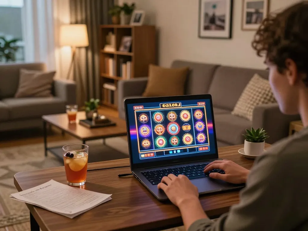 Player enjoying a thrilling online slot experience with me99 displayed on the laptop screen in a cozy living room.