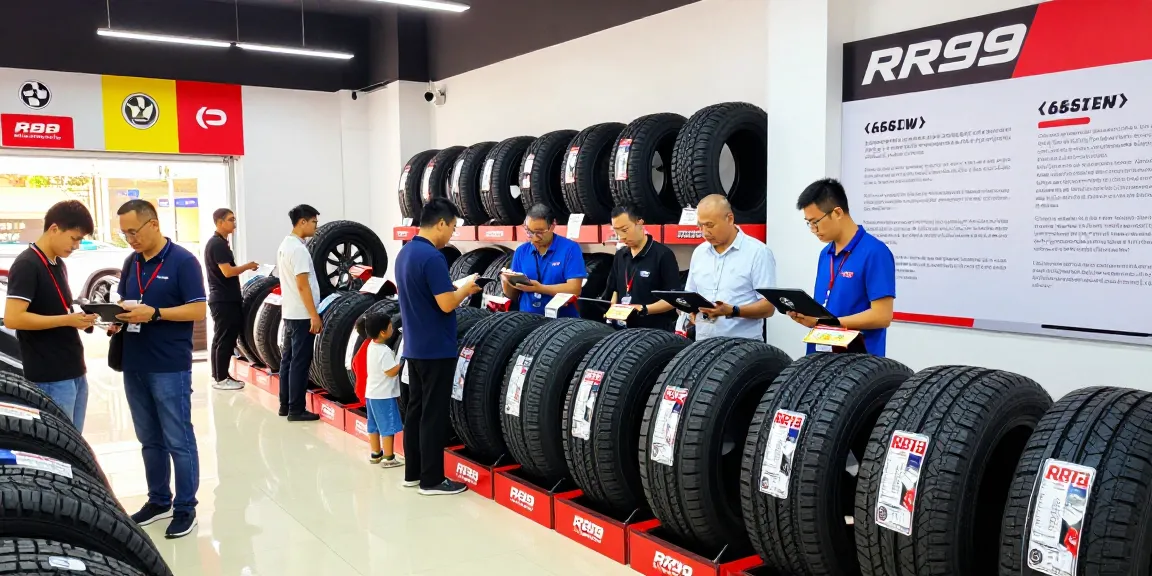 Choosing Double Coin RR99 tires with expert assistance in a vibrant tire showroom