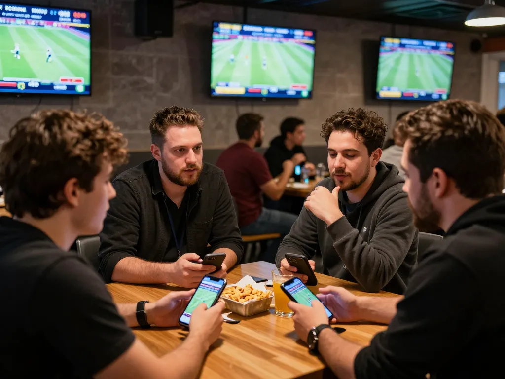Friends engaging in sports betting strategies with 789bet app during a live game