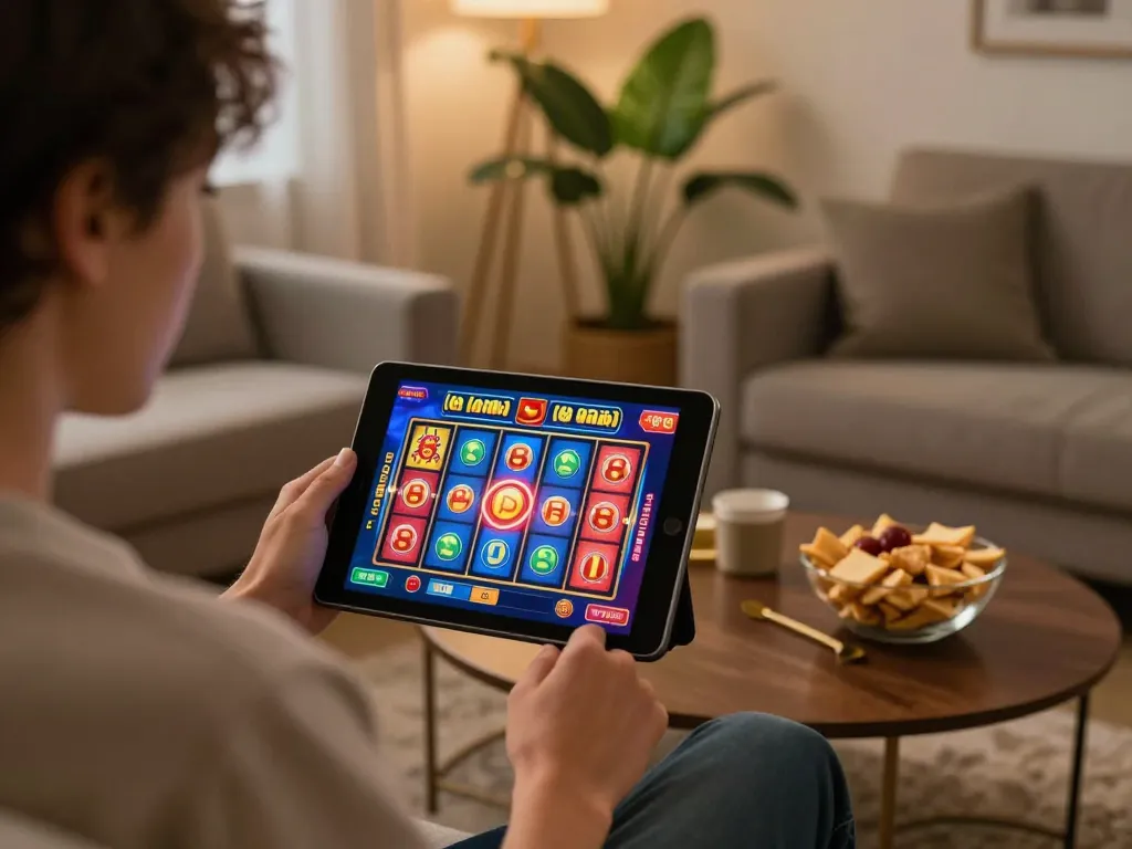 Engaging fun88 slot gameplay displayed on tablet in a cozy home setting with snacks.