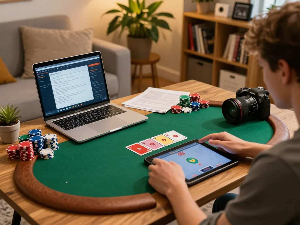 Engaging in online poker at home, showcasing the oxbet gaming experience with cards and strategic notes.
