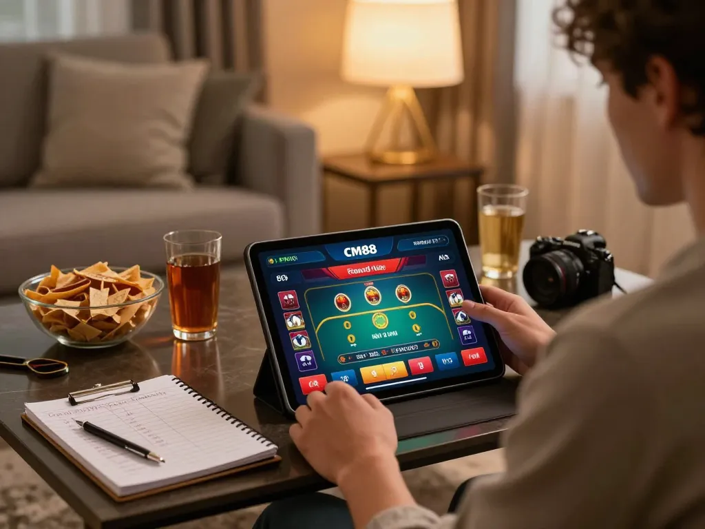 Player engaging with CM88 casino app on tablet at home, surrounded by snacks, showcasing a relaxed gaming experience.