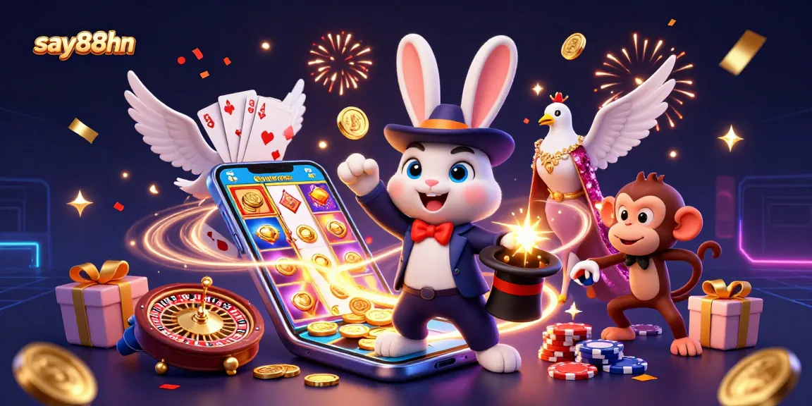 Experience magical wins at say88hn with our enchanting casino illustration featuring playful characters and exciting game elements.