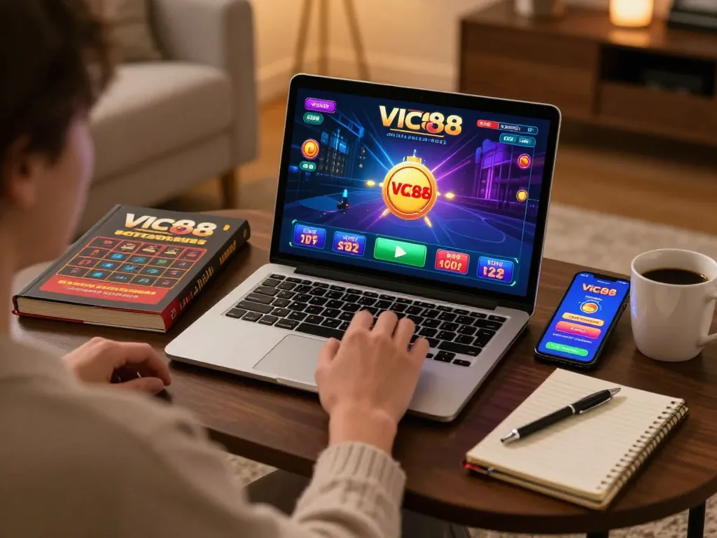 Person enjoying Vic88 club online gaming, engaged with laptop and betting strategy.
