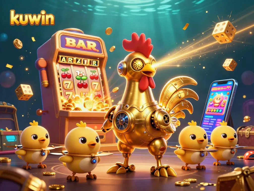 Kuwin's golden rooster robot celebrates a jackpot win, with colorful coins and game elements flying around in a vibrant online casino.