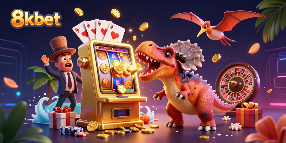 8xbet jackpot scene with a dinosaur, animated slot machine, and coins in a casino.