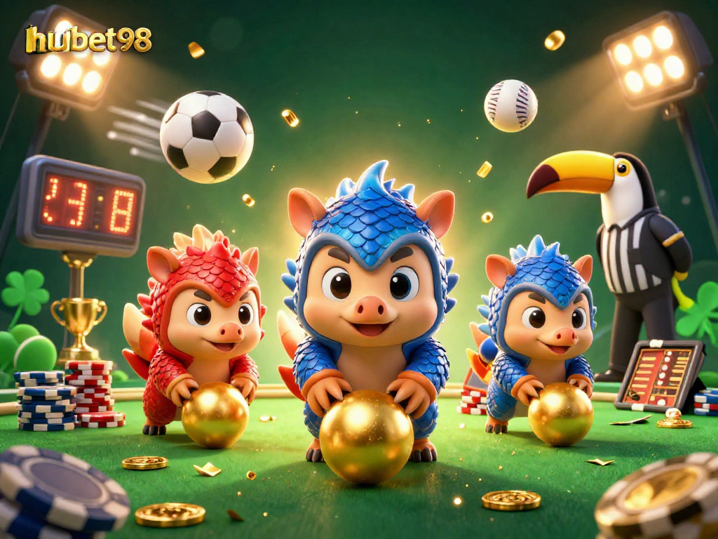 Experience the thrill of hubet98 with rival pangolins bowling through poker chips in a vibrant casino scene.