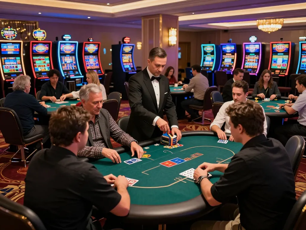 Players at U888 engaging in intense poker gameplay on a vibrant casino floor, showcasing the excitement of gaming.