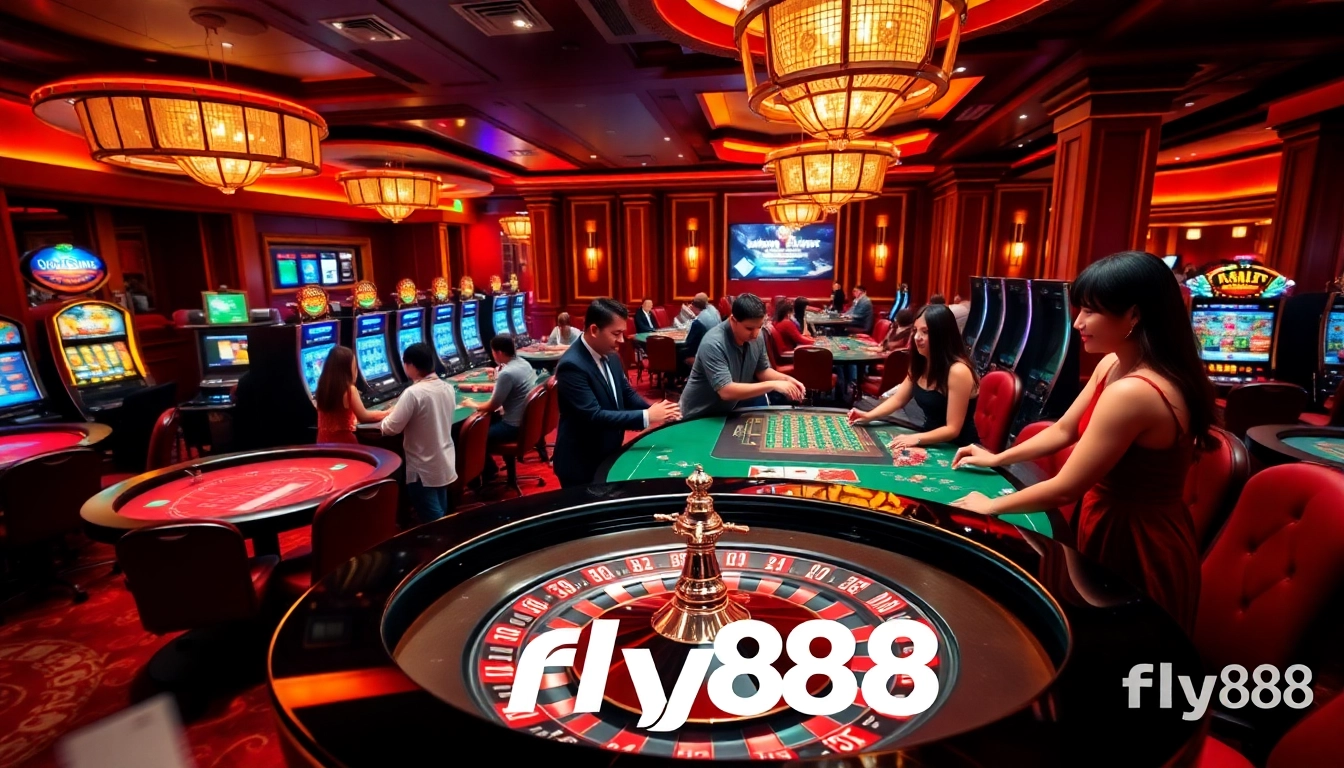 Experience the excitement of fly88 with players at a vibrant casino table and slot machines.