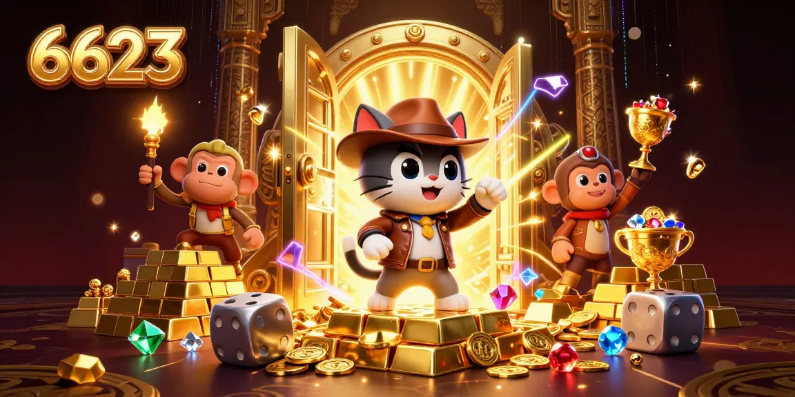 Experience the thrill of 6623 as a cat explorer discovers golden casino treasures in a vibrant temple scene.
