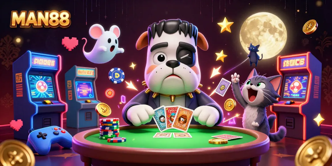 Join the excitement at MAN88 with a playful Frankenstein bulldog dealing cards at a haunted table.