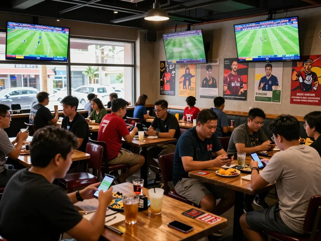 Fans engaging in lively discussions while placing kèo bóng đá trực tuyến bets in a vibrant sports bar.