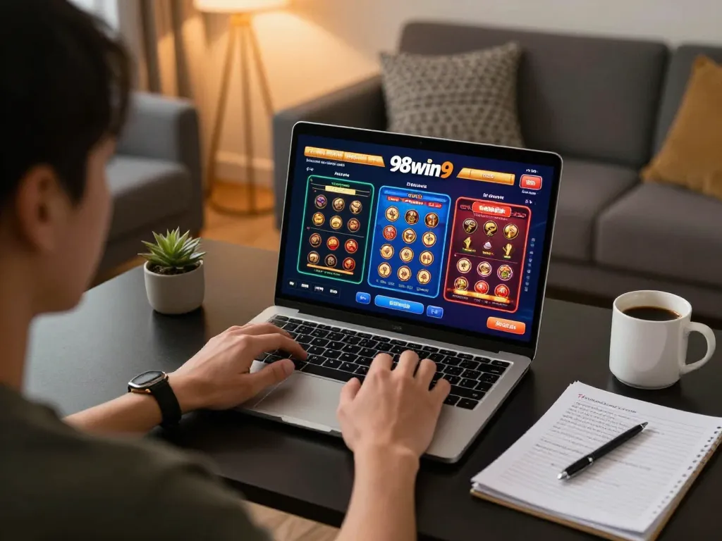 Engaging in online casino gaming on 98win9 with cozy home setup and strategy notes