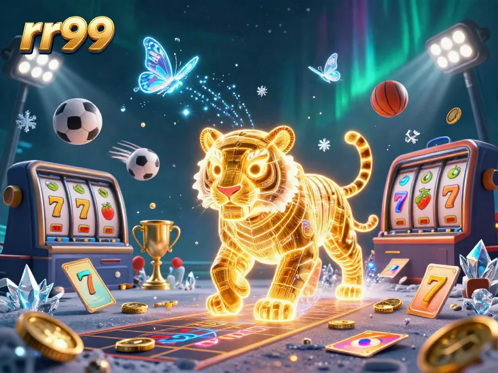 Experience thrilling gaming action at rr99 with a vibrant and dynamic casino scene featuring a neon tiger.