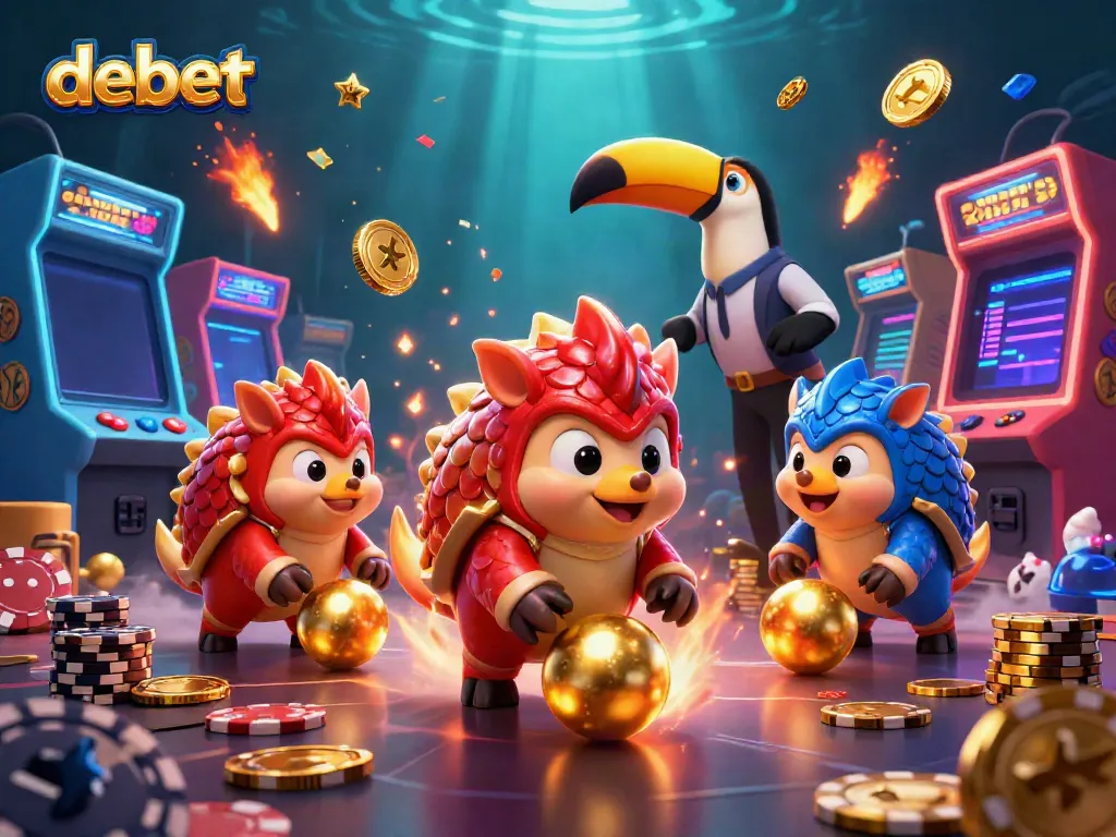 Debet casino featuring rival pangolins in vibrant action with casino elements and glowing game icons.