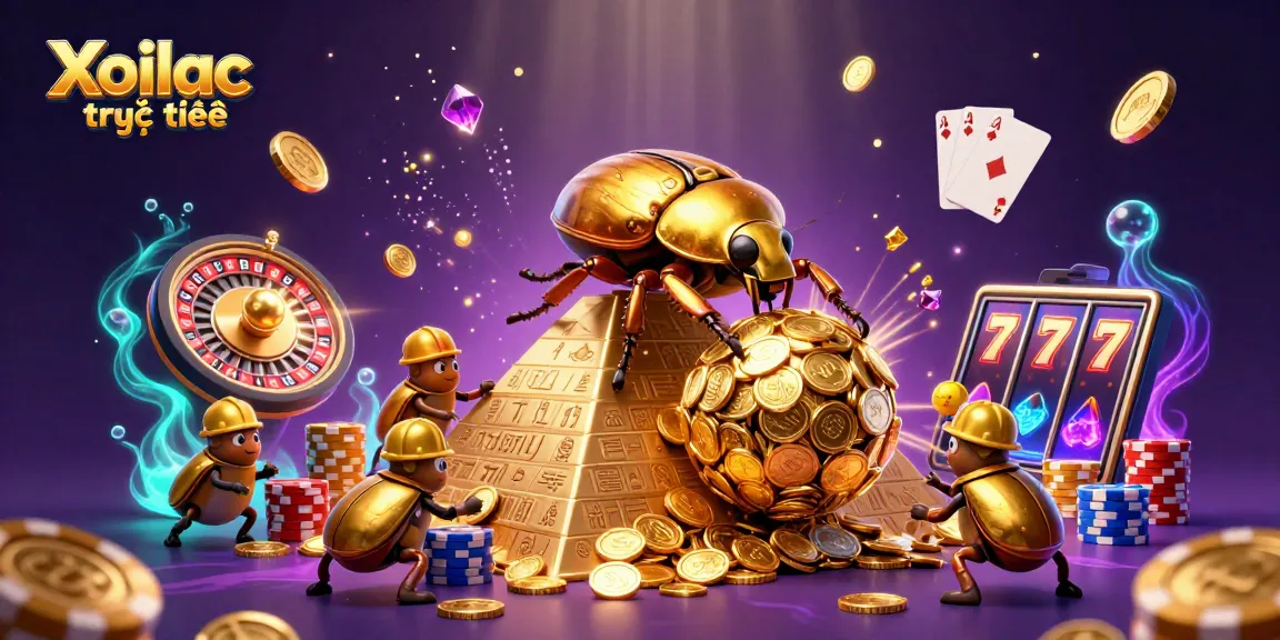 Xoilac trực tuyến showcases a vibrant 3D scene with golden beetles and casino elements spinning for high-stakes fun.