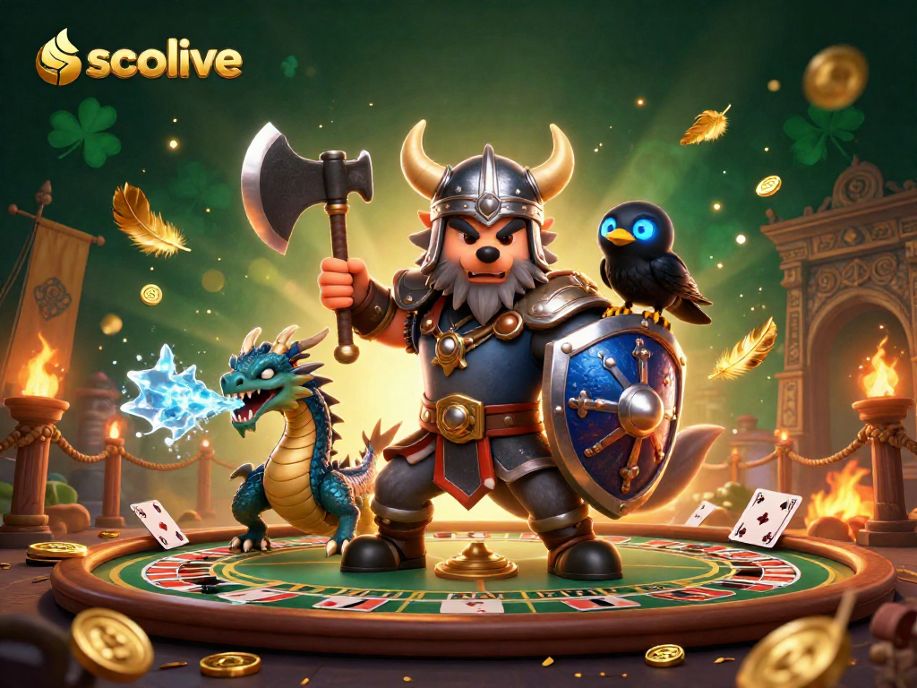 Sparkling live casino action with socolive featuring a Viking warrior, dragon, and raven amidst roulette and cards.
