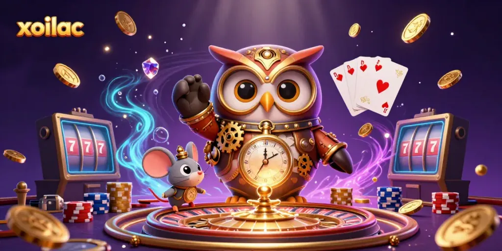 Spin the roulette wheel and watch xoilac's steampunk owl companion claim vibrant casino winnings.