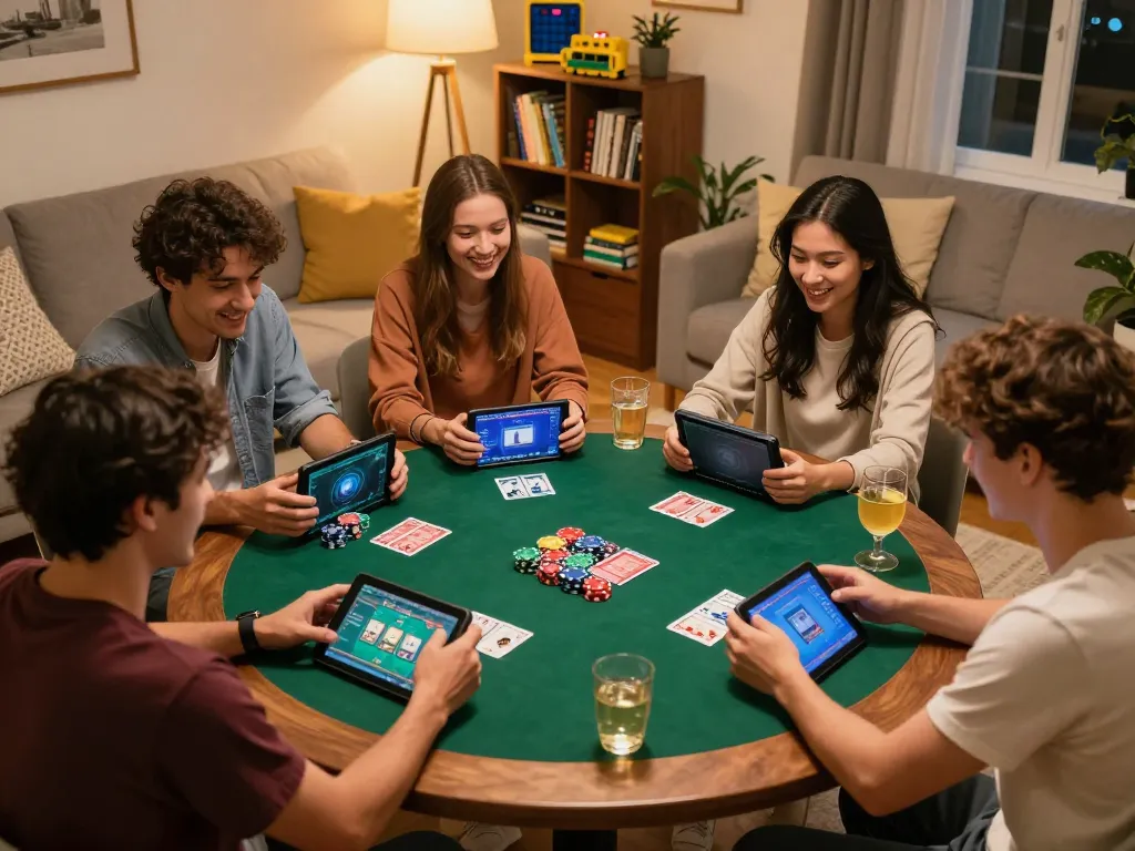 Players enjoying i9bet poker games at home, creating a vibrant, fun atmosphere.