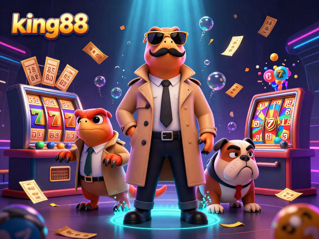 Experience king88 with raptors in a trench coat trying to enter a casino lounge amid vibrant gambling elements.