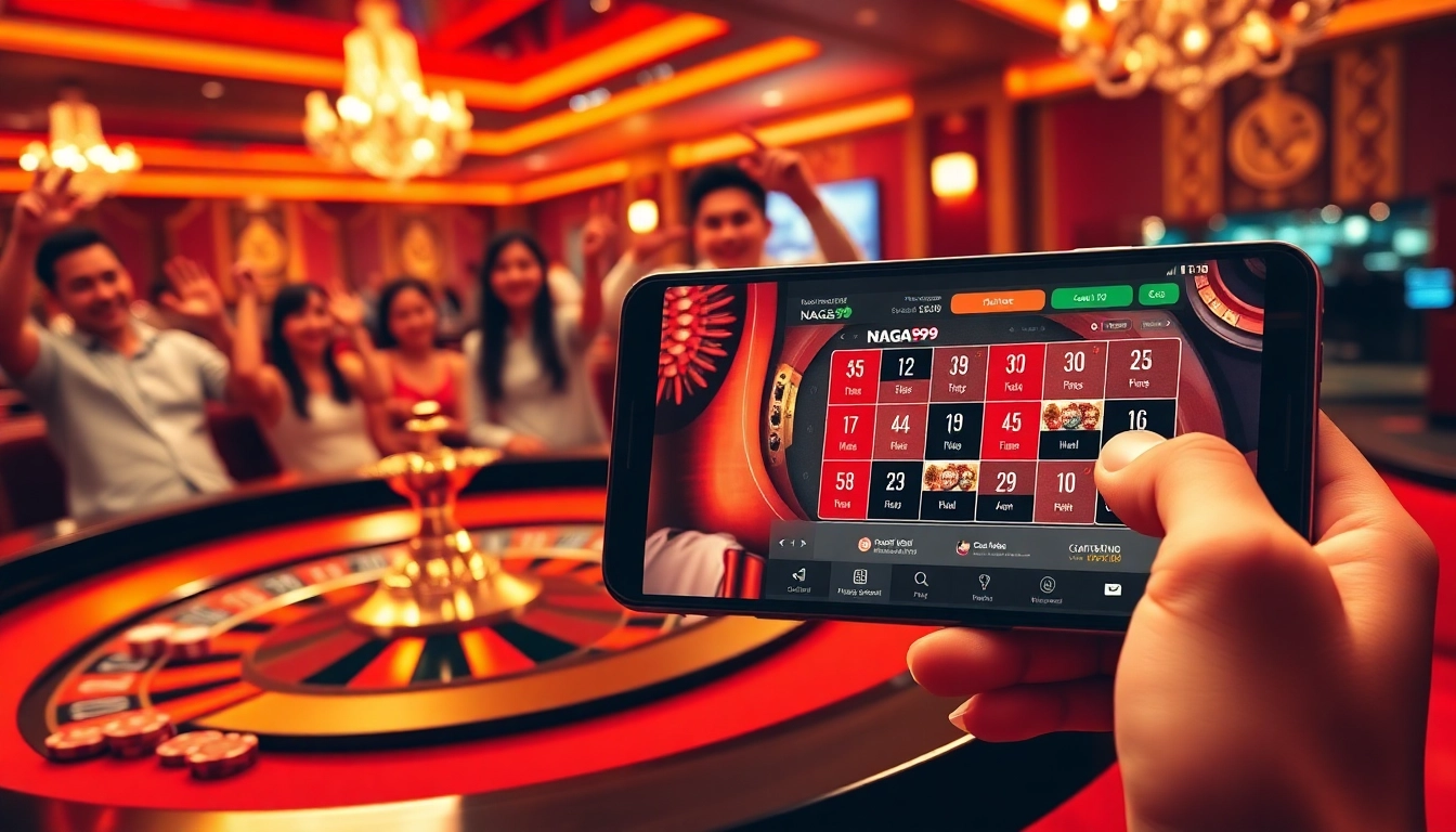 Naga99 players celebrating at a vibrant casino table with roulette and poker chips.