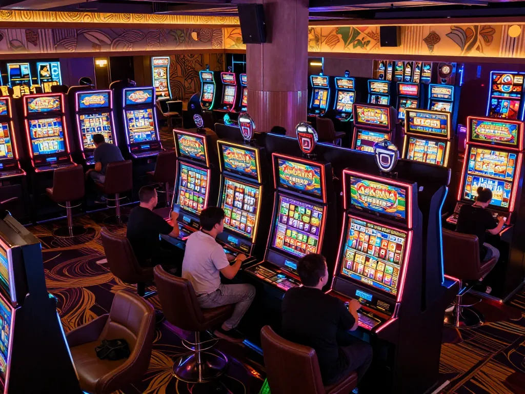 Players enjoying Lucky 88 slot machines in a lively casino atmosphere