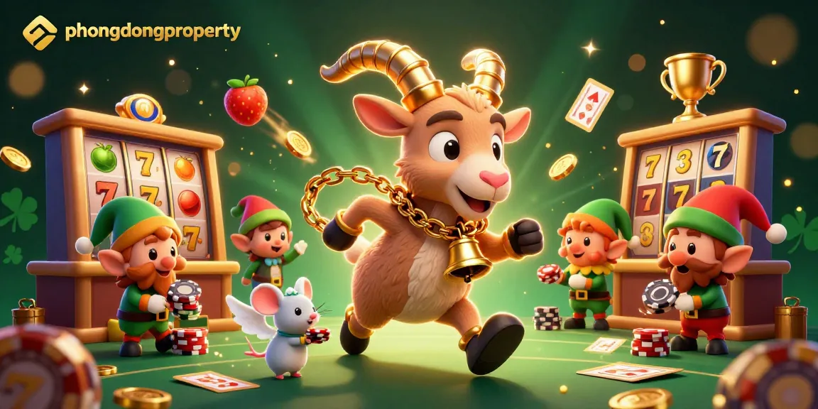 phuongdongproperty features a lively 3D casino scene with Krampus, an angel mouse, and elf gremlins amidst vibrant slot elements.