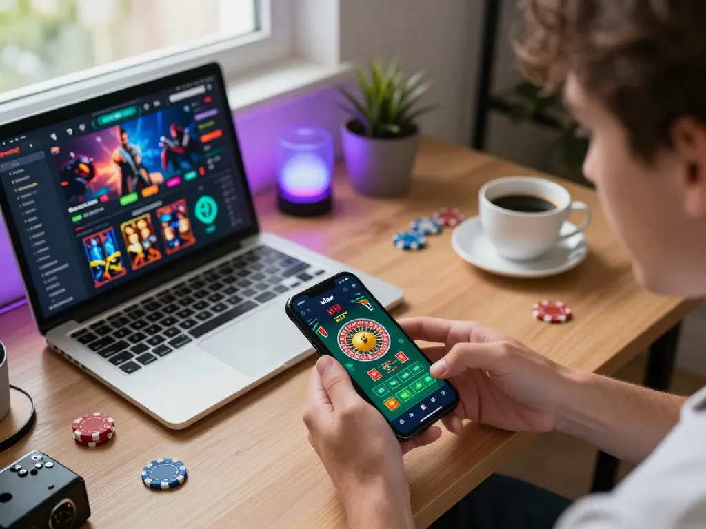 Xibet app user engaging in live roulette game on smartphone, surrounded by cozy home office setup.