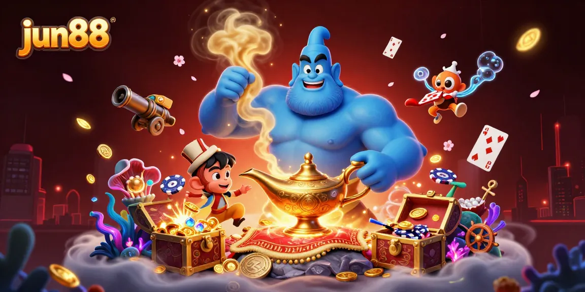 Experience the magic at jun88 with a vibrant 3D casino scene featuring a genie and poker chips.