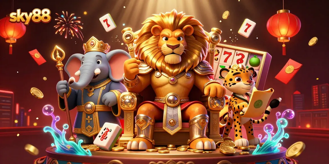 Experience thrilling gameplay at sky88 with a fierce lion king and vibrant slot reels in a lavish casino.