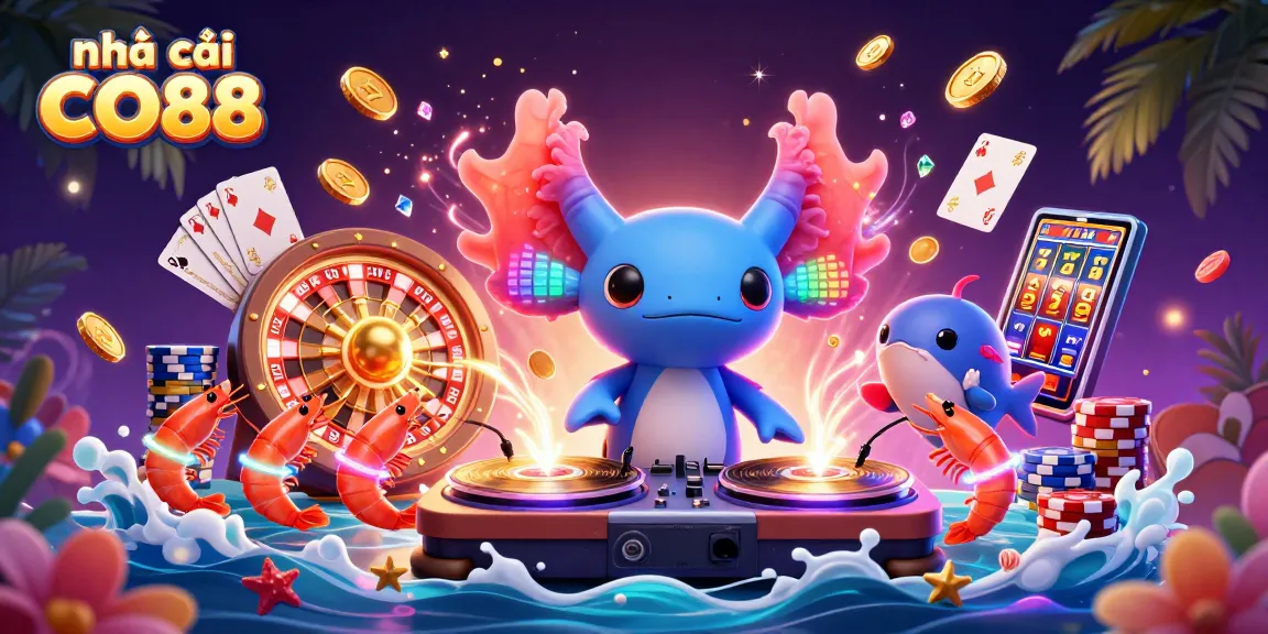 Experience the vibrant gameplay at nhà cái CO88 with axolotl DJ, shrimp dancers, and casino elements.