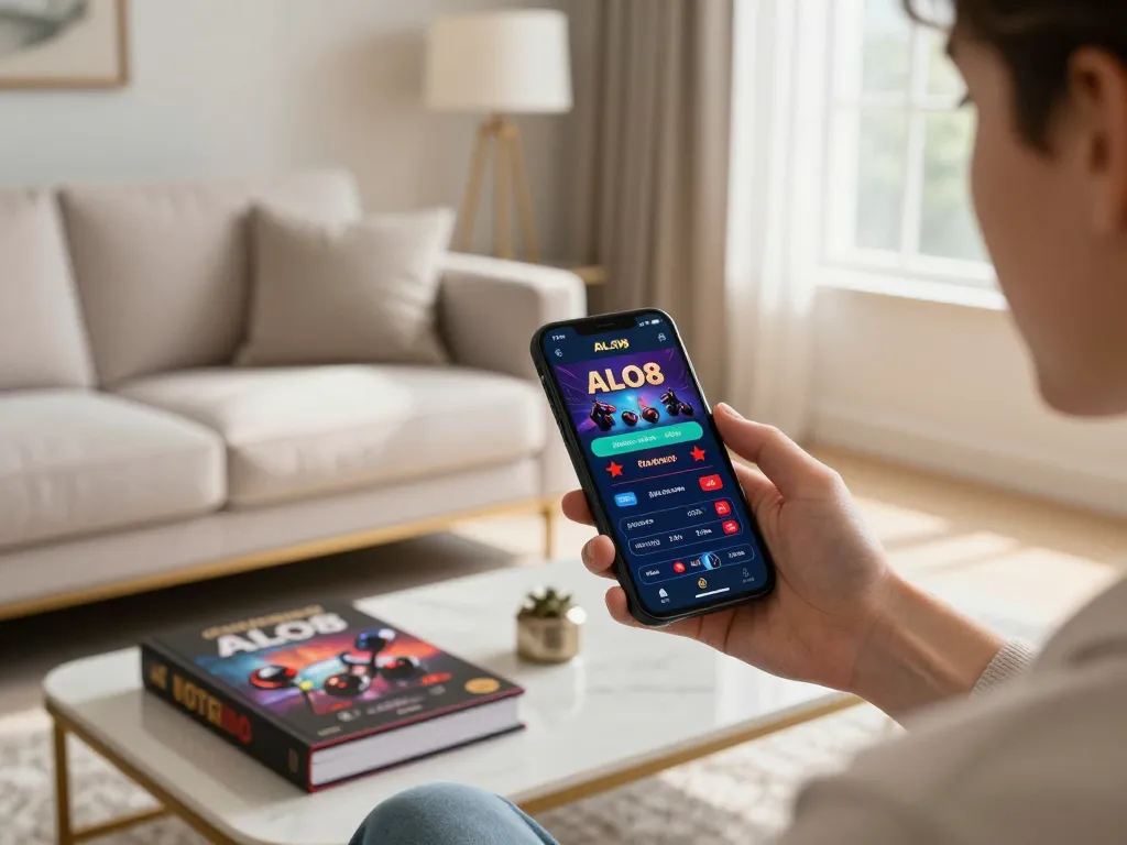 Engaged user enjoying the Trang chủ ALO8 casino app on smartphone in modern living room