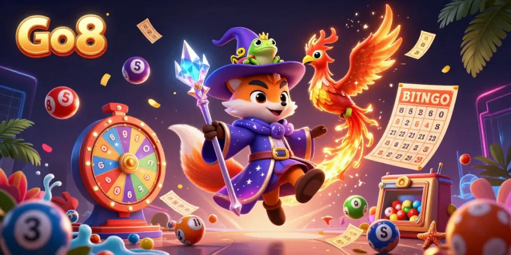 Engage in exhilarating gameplay at Go 8 with vibrant elements like bouncing lottery balls and a glamorous fantasy scene.