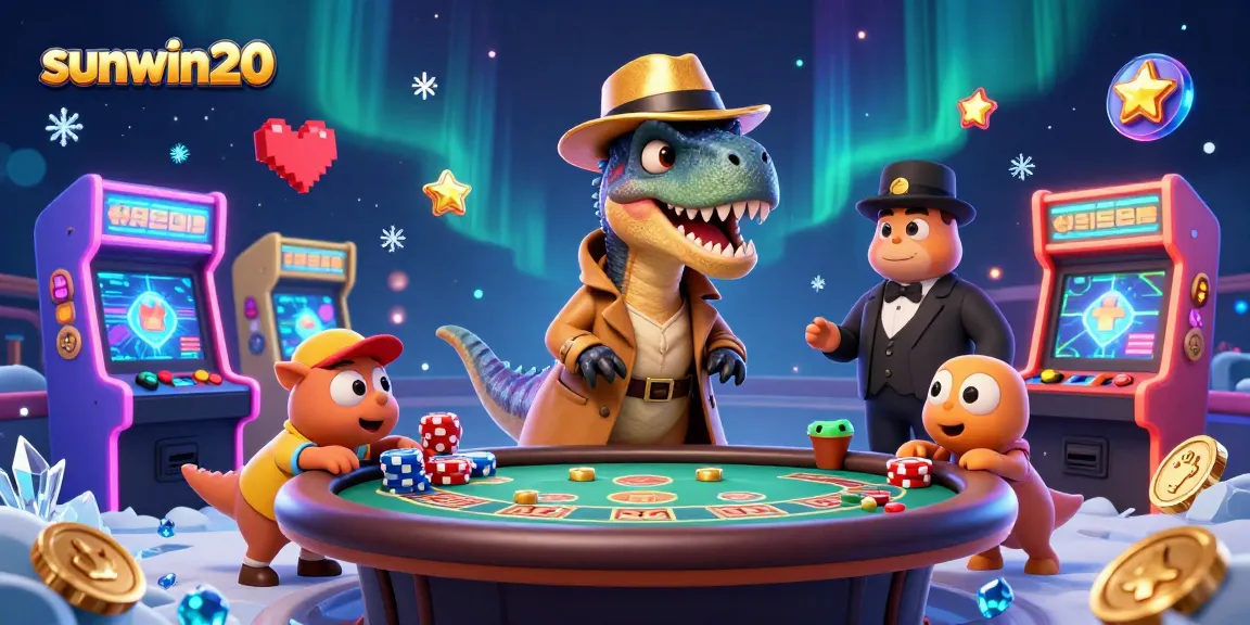 A 3D velociraptor at a blackjack table with the sunwin20 logo, amidst vibrant casino elements.