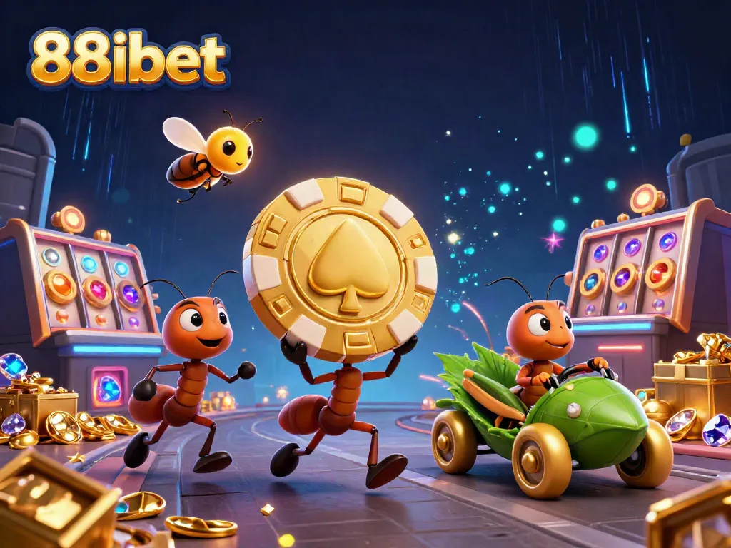 Experience the excitement of 88ibet with cartoon ants heisting a giant poker chip among treasure and neon lights.