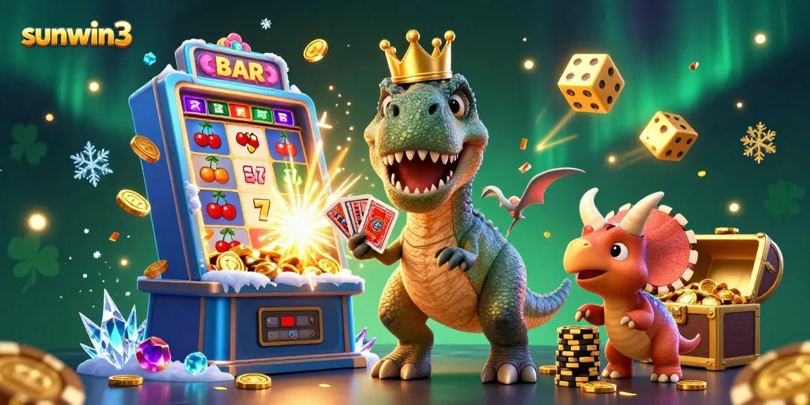 Experience thrilling gameplay with sunwin3, featuring a T-Rex, cards, and gold chips in a vibrant casino scene.
