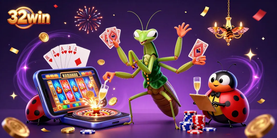 Engage with 32win's vibrant casino scene featuring a giant mantis card sharp and ladybug boss.