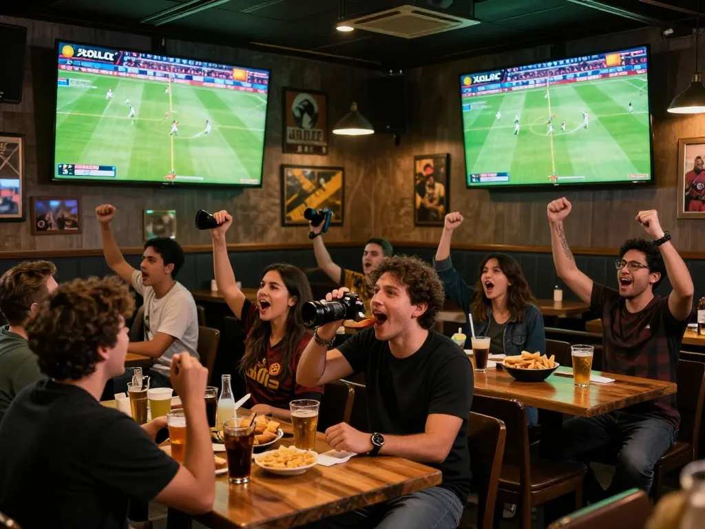 Xoilac TV football fans cheering during a live match at a vibrant sports bar setting.
