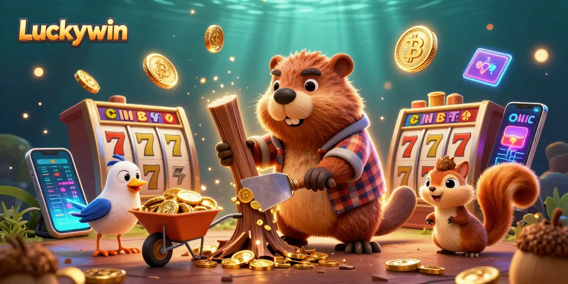 Luckywin platform showcases thrilling gaming with golden coins raining down in a lively casino scene.