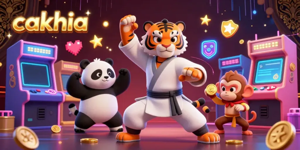 Cakhia's signature cartoon tiger master mentors while fun gambling elements surround, embodying winning energy.