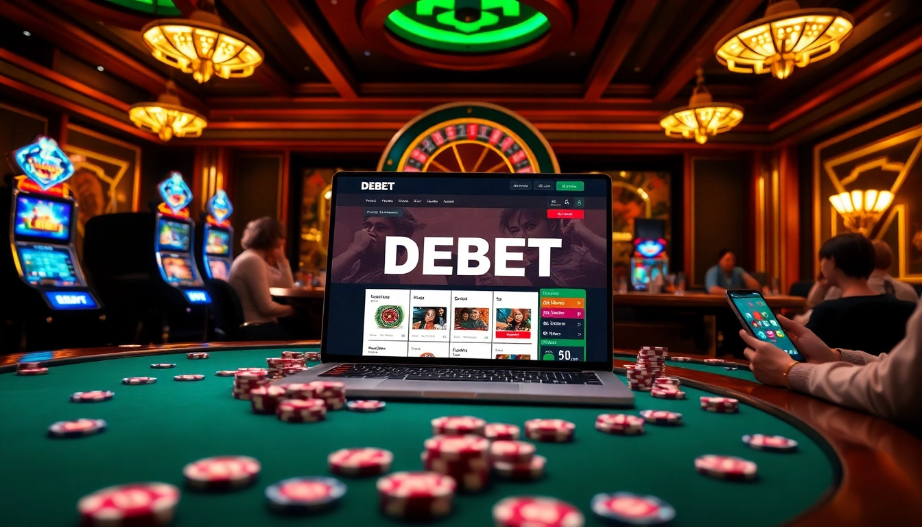 Visual representation of DEBET đăng nhập interface in an upscale online casino setting with engaging gameplay elements.