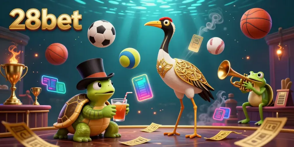 Experience the thrill of 28bet with dynamic sports action in a vibrant 3D casino illustration.