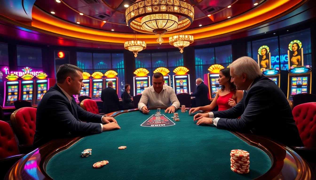 Experience the thrill of winning at a vibrant 33win 68 casino table with engaged players and colorful machines.