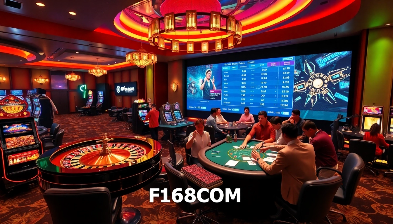 Experience the thrill of F168COM at a luxurious casino featuring elegant tables and enthusiastic players.