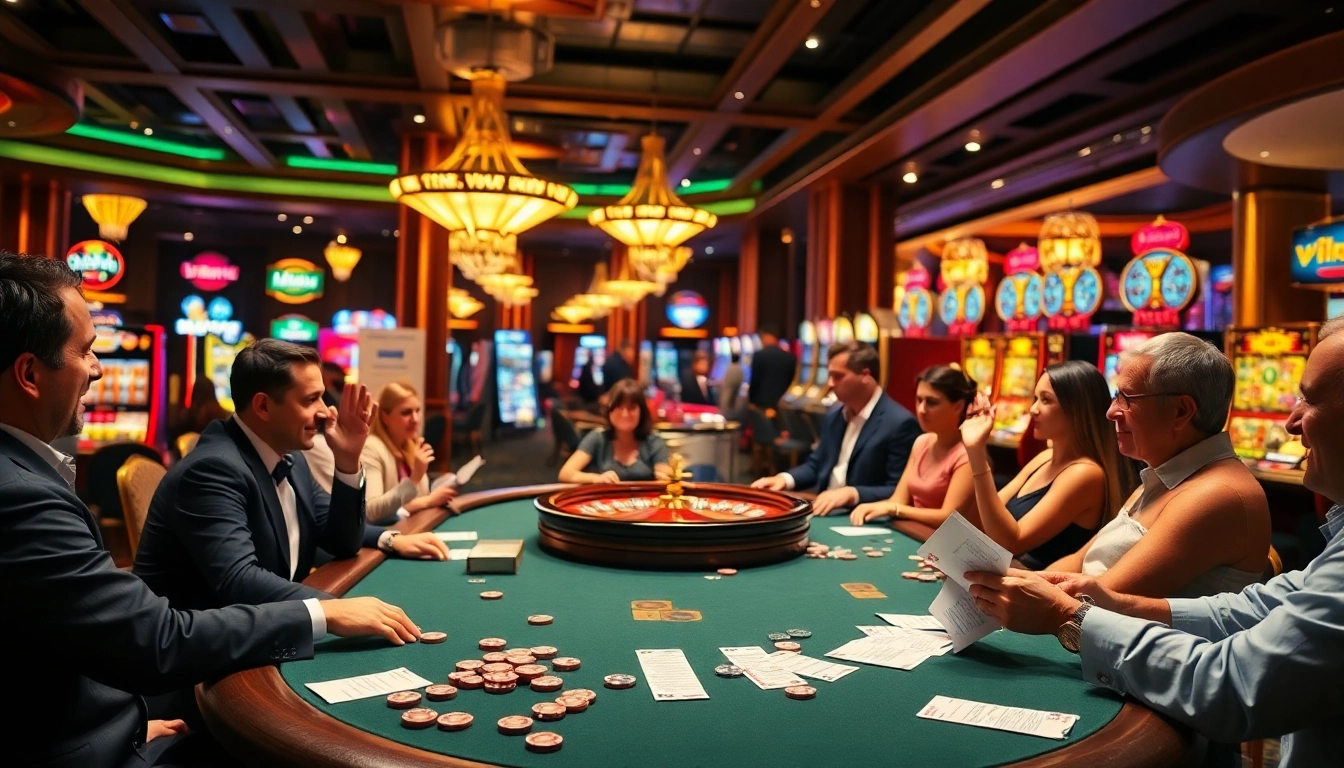 Gambling excitement at a nhà cái uy tín casino featuring a roulette wheel, poker table, and colorful slot machines.