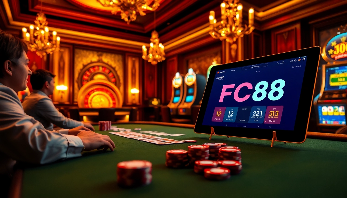 Players strategizing at a poker table in a luxury casino setting, featuring fc88.ae.org's online interface.