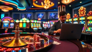 Experience high-stakes excitement at gg88.com with vibrant casino scenes featuring engaging slot machines and poker tables.