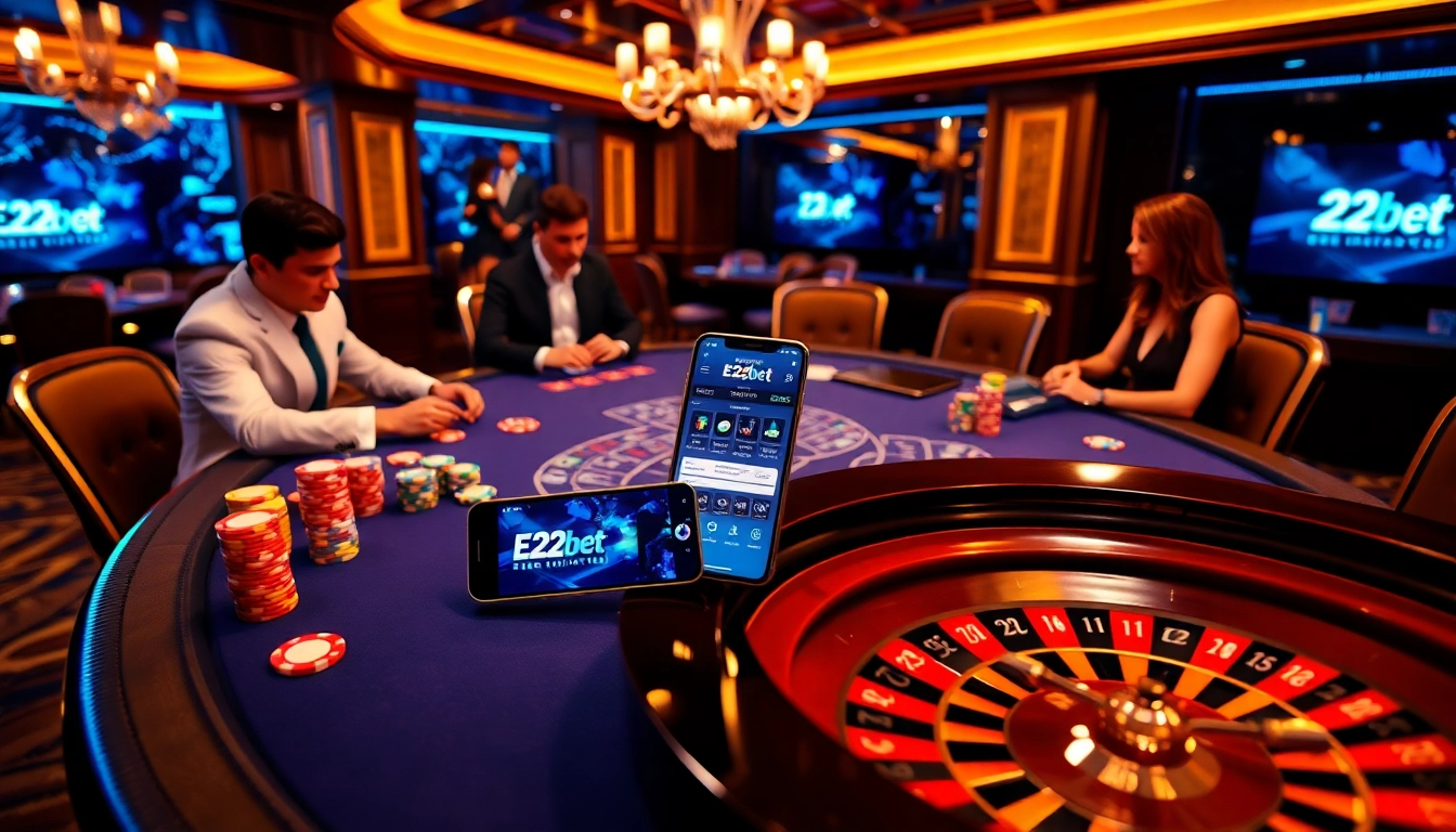 E2bet players engaging at a high-stakes table with vibrant casino chips and dynamic roulette action.