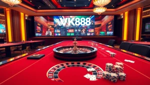 Experience the thrill of online gambling at https://vk88a.com/ with luxurious casino visuals featuring roulette and poker chips.